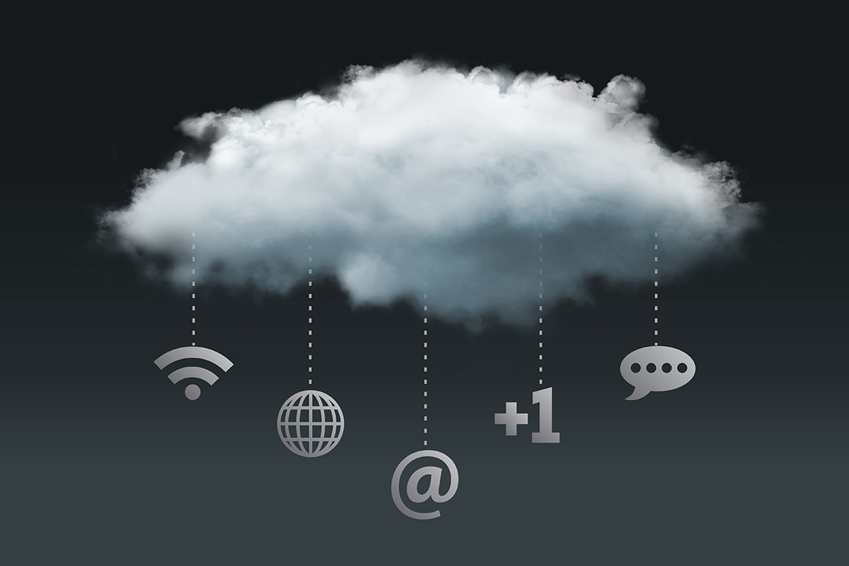 Cloud with connection to wifi, network, internet, chat, social media icons. Cloud computing and data concept.