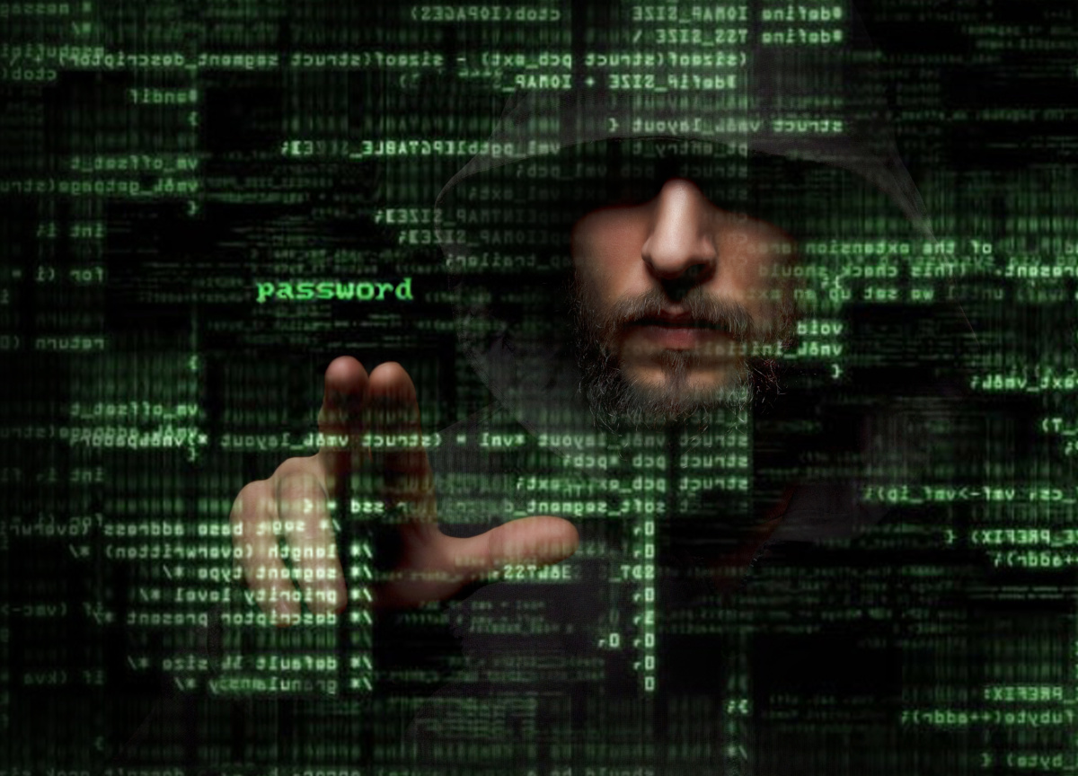 A man in hood reaching out to the word password in front of him, as other lines of code are in front of them