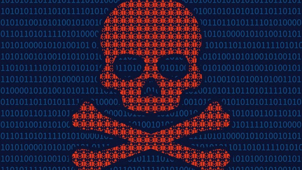 Red Skull and Crossbones on Blue Background of Binary Code