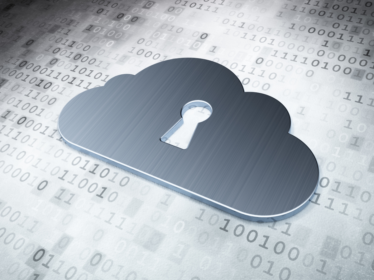 Cloud Icon with Keyhole on Background of Binary Code, Cyber Security Concept